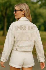 Personalised White Fringe Denim Jacket I'm Getting Married.