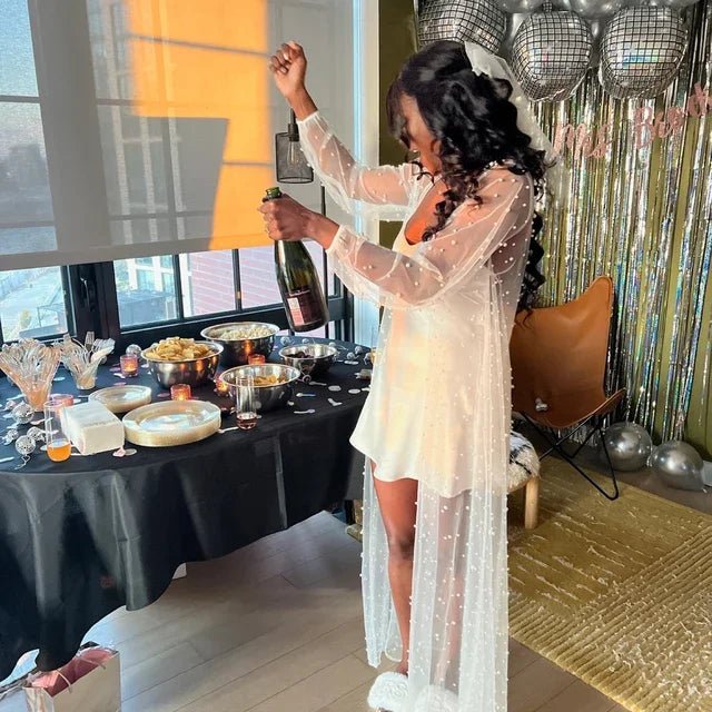 White Boudoir Pearl Robe Long Silk Robe for Wedding Day - I'm Getting Married