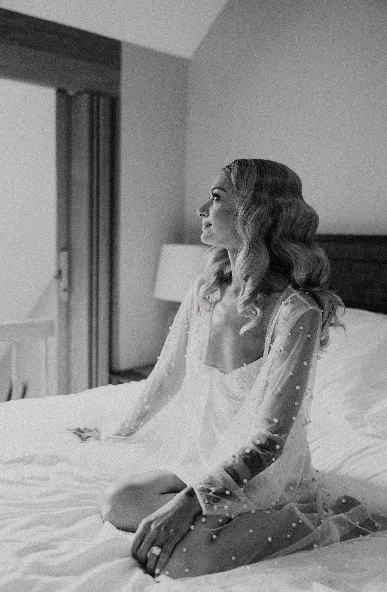 White Boudoir Pearl Robe Long Silk Robe for Wedding Day - I'm Getting Married