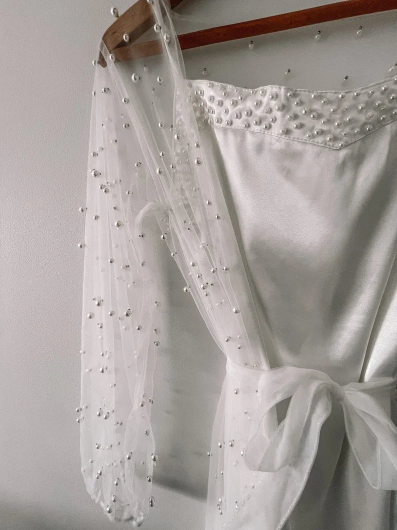 White Boudoir Pearl Robe Long Silk Robe for Wedding Day - I'm Getting Married