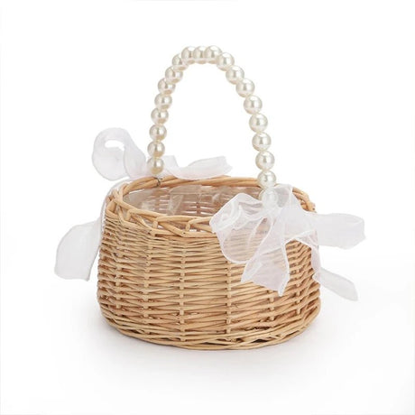 Wicker Rattan Flower Child Basket with Pearl Handle - I'm Getting Married